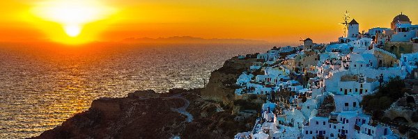 Miasto, Zachód Słońca, Morze, Greckie
