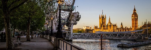 Big Ben, Londyn, London Eye, Koło obserwacyjne, Pałac Westminsterski, Bulwar, Rzeka Tamiza, Anglia