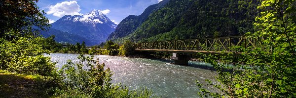 Drzewa, Most, Góry, Chmury, Szwajcaria, Rzeka Reuss