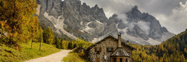 Góry Dolomity, Dom, Restauracja Malga Venegiota di Tonadico, Droga, Dolina Val Venegia, Włochy
