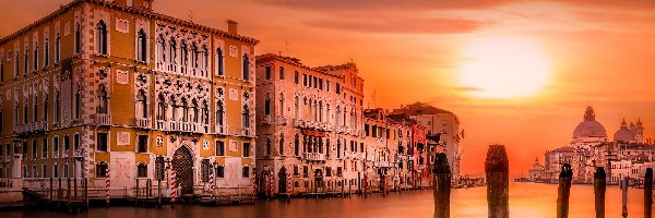Włochy, Canal Grande, Wenecja, Wschód słońca, Domy