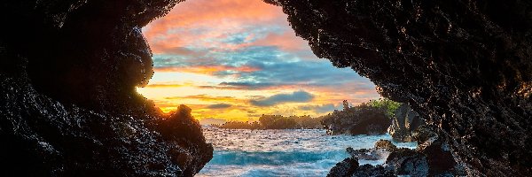 Hawaje, Jaskinia, Morze, Wschód słońca, Skały