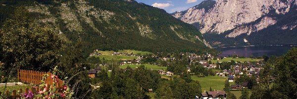 Góry, Domy, Jezioro, Wieś, Austria