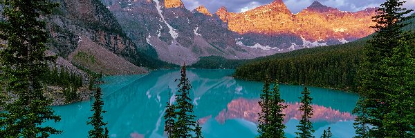 Odbicie, Jezioro Moraine, Park Narodowy Banff, Prowincja Alberta, Kanada, Drzewa, Góry