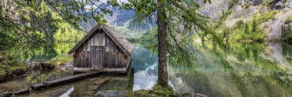 Niemcy, Park Narodowy Berchtesgaden, Góry, Drzewo, Bawaria, Drewniana, Chata, Jezioro Konigssee