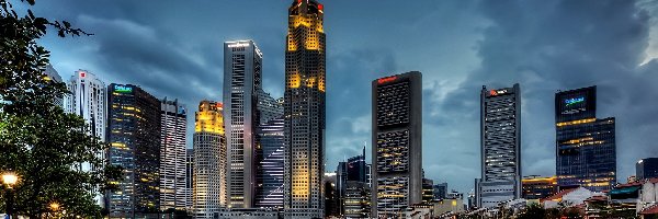 Wieżowce, Zmrok, Miasto, Singapur