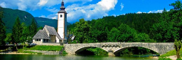 Most, Kościółek św. Jana, Jezioro Bohinj, Słowenia, Gmina Bohinj