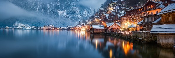 Jezioro Hallstattersee, Domy, Góry, Mgła, Hallstatt,  Austria