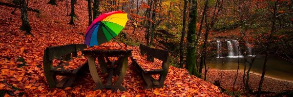 Parasol, Jesień, Liście, Ławki