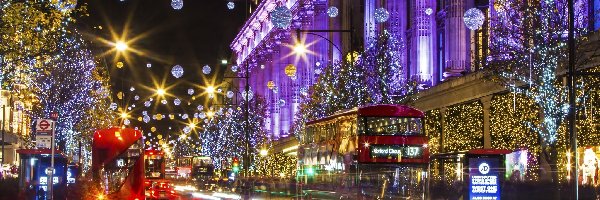 Londyn, Samochody, Świątecznie, Noc, Oświetlenie