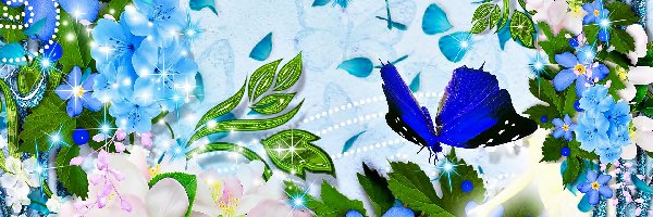 Niebieski, Grafika, Motyl, Kwiaty
