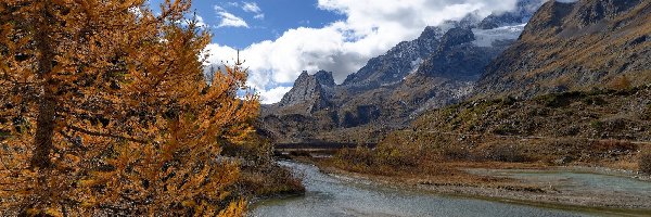 Jesień, Jezioro Combal, Masyw Mont Blanc, Alpy Graickie, Włochy, Drzewo, Góry, Dolina Val Vény, Rzeka
