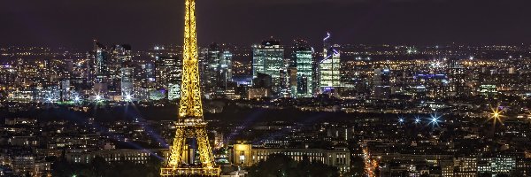 Wieża Eiffla, Z lotu ptaka, Noc, Paryż