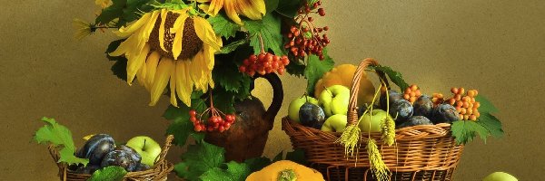 Kwiaty, Sloneczniki, Bukiet, Warzywa, Owoce