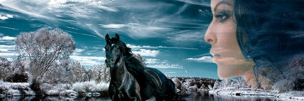 Koń, Chmury, Woda, Dziewczyna