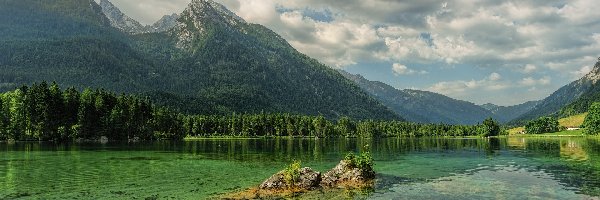 Bawaria, Drzewa, Skały, Niemcy, Jezioro Hintersee, Góry Alpy