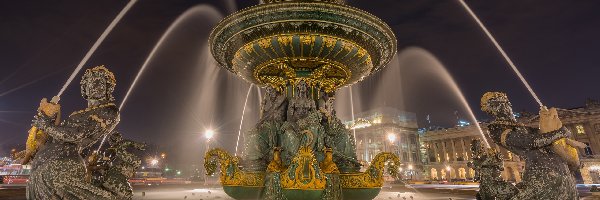 Noc, Fontaine des Mers, Francja, Paryż, Rzeźby, Place de la Concorde, Plac Zgody, Fontanna Mórz