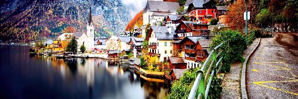Góry, Jesień, Jezioro, Austria, Hallstatt