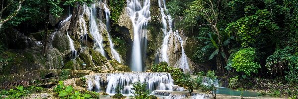 Wodospad Kuang Si, Kaskada, Drzewa, Laos, Prowincja Louangphrabang