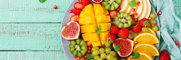 Kiwi, Owoce, Deski, Truskawki, Figi, Pomarańcza, Winogrona, Talerz