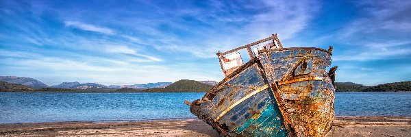 Łódka, Stara, Zniszczona, Wrak, Piasek, Plaża