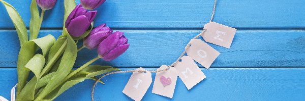 Tulipany, Bukiet, Deski, Niebieskie, Fioletowe, Karteczki, Napis, Dzień Matki
