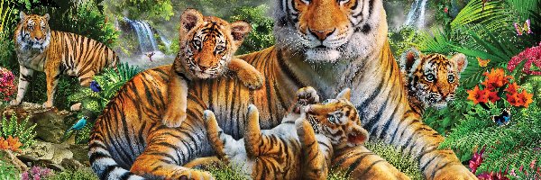 Młode, Obraz, Dżungla, Tygrysy