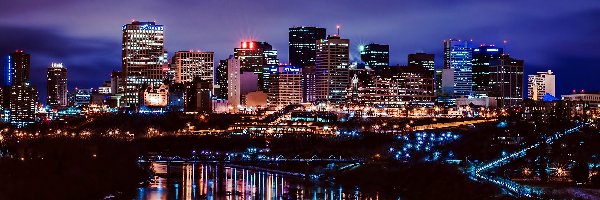 Nocą, Most, Edmonton, Rzeka, Drapacze Chmur, Miasta, Panorama