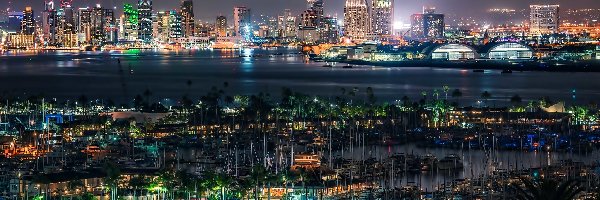 Noc, Port, Panorama Miasta, Światła, San Diego, Kalifornia