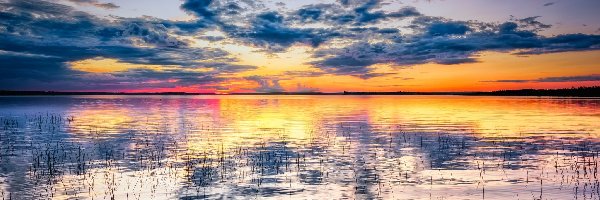 Jezioro Oijärvi, Zachód słońca, Trawy, Finlandia