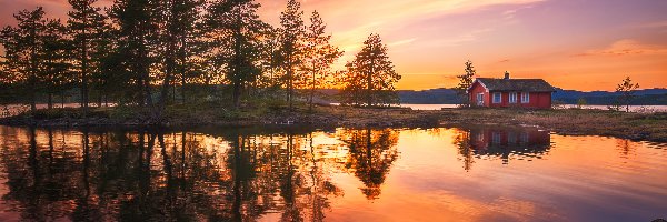 Norwegia, Jezioro Vaeleren, Ringerike, Zachód słońca, Drzewa