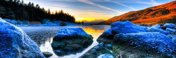 Rzeka, Zachód Słońca, Kamienie, Zima