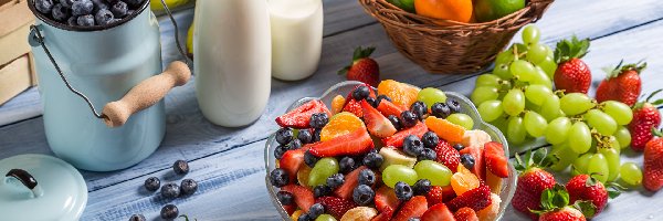 Limonki, Winogrona, Owoce, Jagody, Kanka, Banany, Truskawki, Mleko, Pomarańcze, Nabiał, Koszyk, Miseczka, Deski