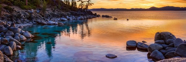 Jezioro, California, Kamienie, Wschód słońca