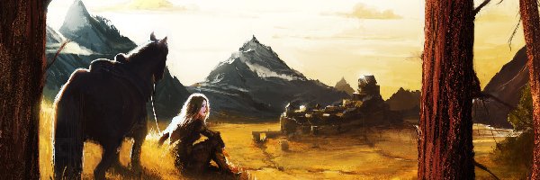 Obraz, Dziewczyna, Góry, Zabudowania, Koń