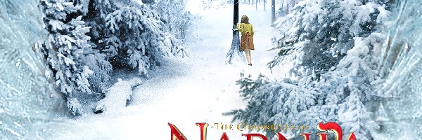 zima, dziewczynka, choinki, napis, latarnia, The Chronicles Of Narnia