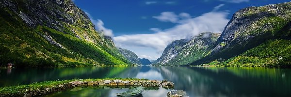 Norwegia, Fiord, Góry, Kamienie, Łódka