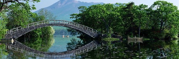 Mostek, Drzewa, Woda, Japonia, Góra