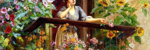 Kobieta, Balkon, Kwiaty, Obrazu, Reprodukcja