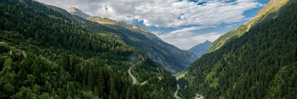 Góry Alpy, Tyrol, Chmury, Drogi, Stubaier Alpen, Lasy, Dolina, Austria
