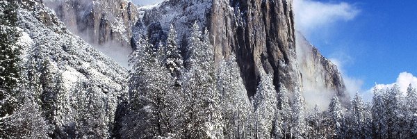 Góry, Stan Kalifornia, Szczyt El Capitan, Zima, Park Narodowy Yosemite, Rzeka, Drzewa, Stany Zjednoczone