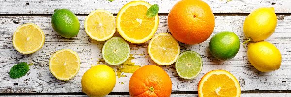Cytryny, Cytrusy, Deski, Drewniane, Pomarańcze, Limonki, Listki, Owoce