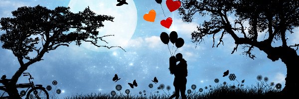 Drzewa, Balony, Miłość, Księżyc, Serca, Zakochani