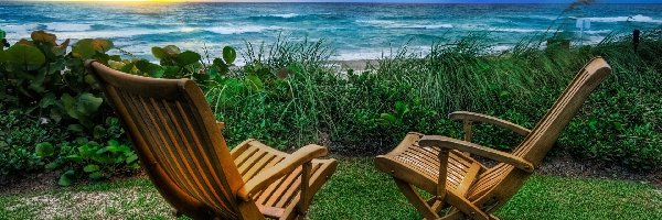 Krzesła, Plaża, Morze