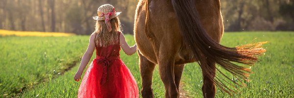 Dziewczynka, Sukienka, Czerwona, Koń, Kapelusz