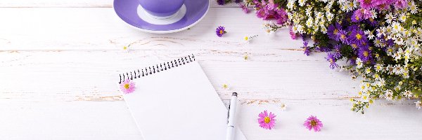 Długopis, Przymiotno, Filiżanka, Astry, Kwiaty, Notes, Kawy