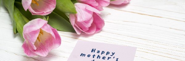 Kartka, Różowe, Tulipany, Napis, Bukiet, Dzień Matki