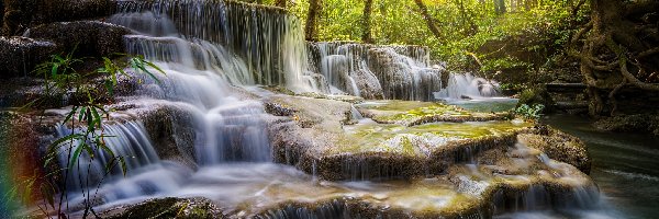 Tajlandia, Drzewa, Las, Skały, Wodospad kaskadowy, Prowincja Kanchanaburi, Park Huai Mae Khamin Waterfall