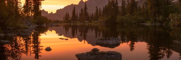 Jezioro, Zachód słońca, Drzewa, Rosja, Góry Ergaki