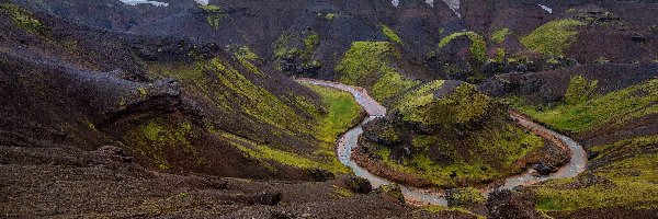 Islandia, Kerlingarfjoll, Skały, Masyw wulkaniczny, Góry, Zakole, Rzeka